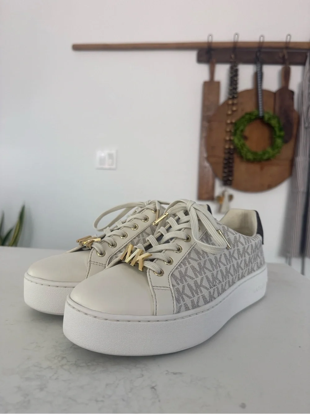 Michael Kors Cream/Beige MK Monogram Platform Sneakers